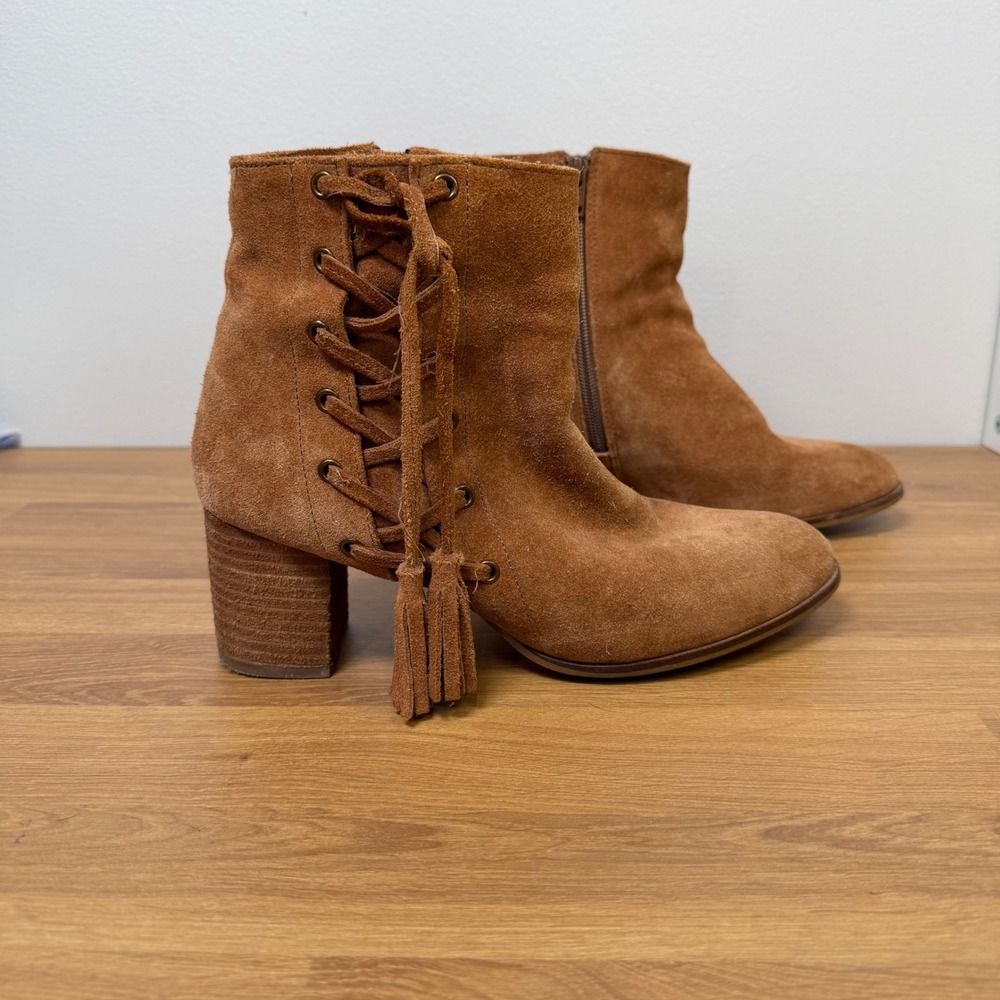 Matisse Brown Suede Lace Up Tassel Ankle Boots Block Heel Cognac Size 10M